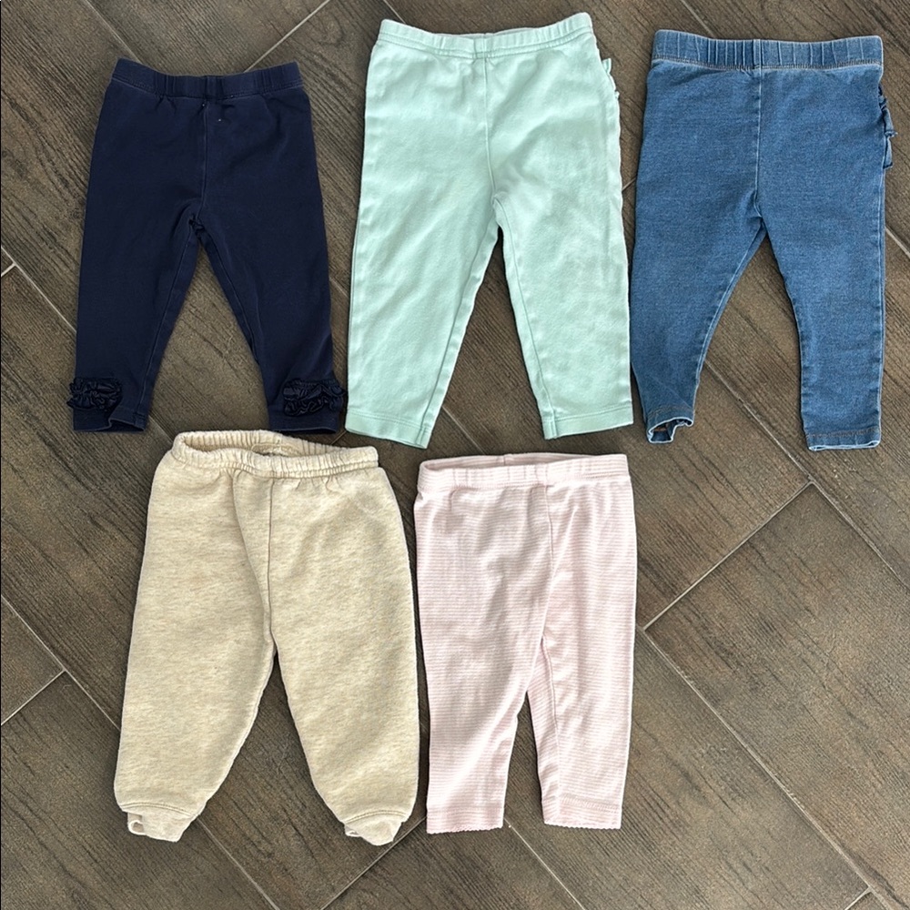 Set of 5 Baby Pants. Three with Decorations on the Bottom. Size 6-9M